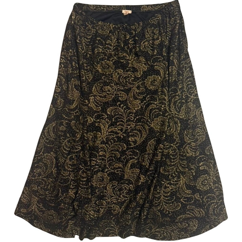 Reba Gold Metallic Floral Black A-Line Midi Skirt Womens Medium Made in USA